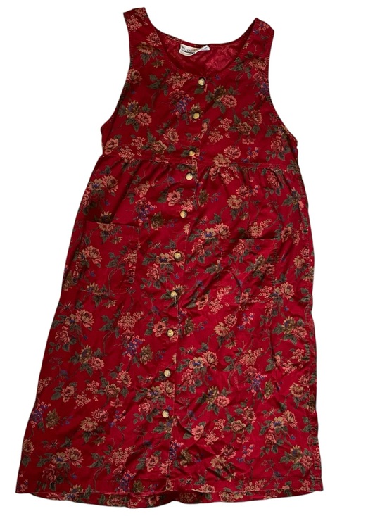 Vintage Dresses & Skirts - Vtg 90s Butter Mom Womens Sz M Red Floral Corduroy 100% Cotton Dress Cottagecore